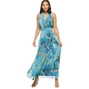 London Times Blue Green Zippered Paisley Print Maxi Dress Women's 8 Medium